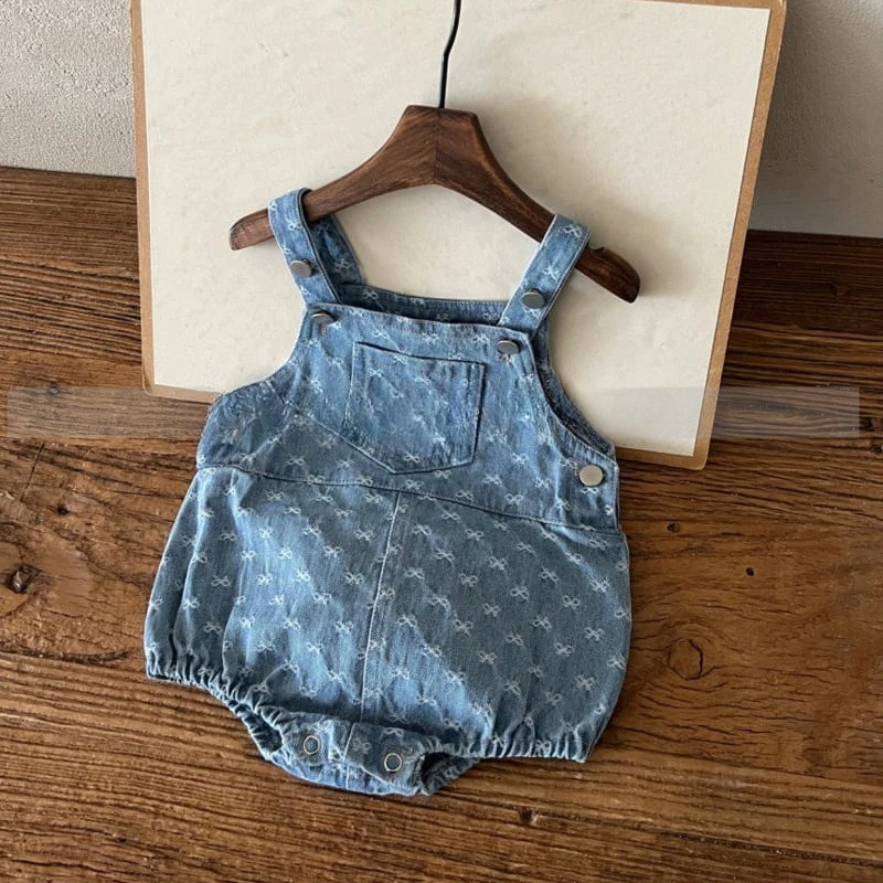 Baby Products Korean - Baby Girls Bow Printed Denim Crawling